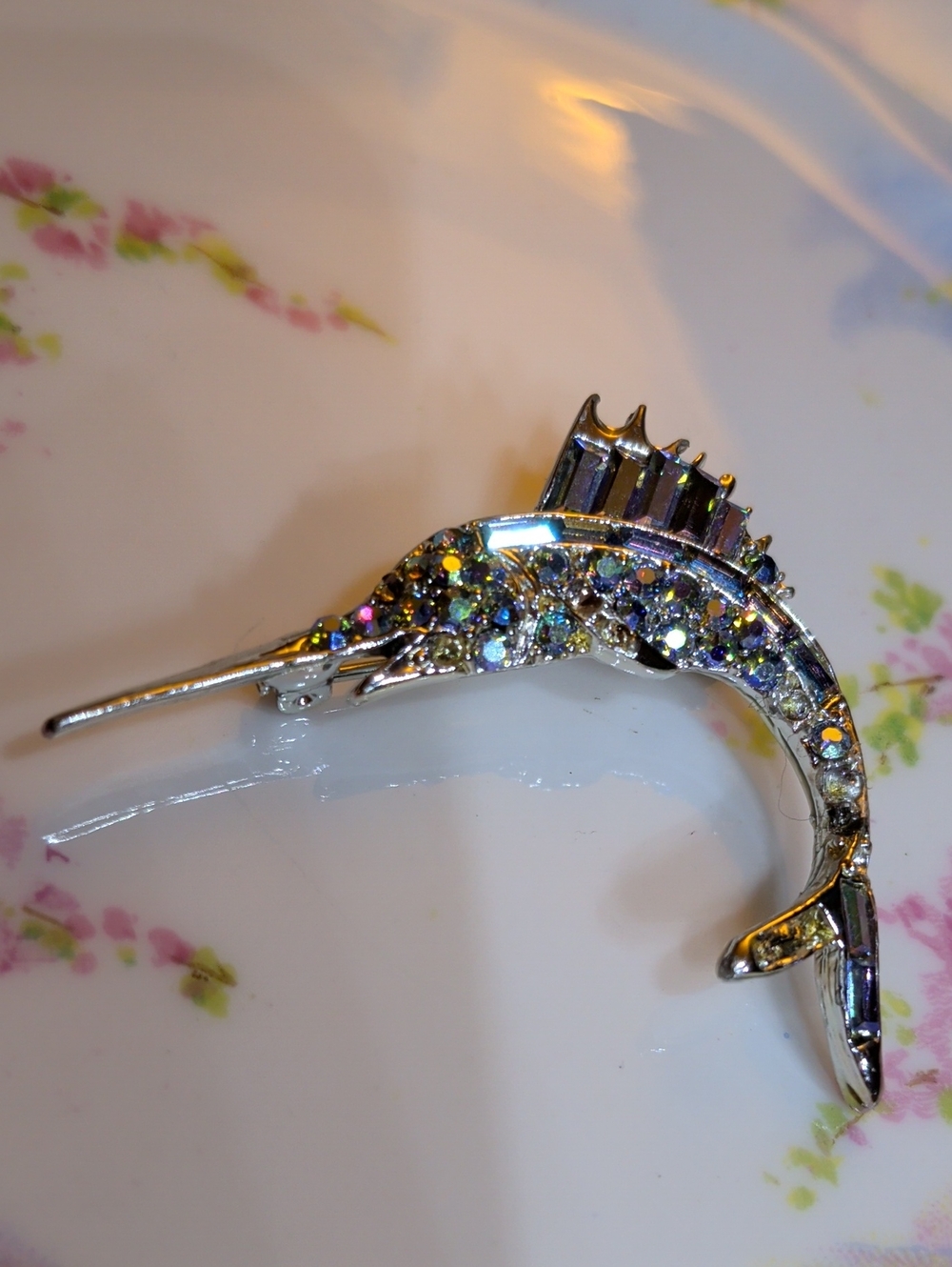Swordfish Or Marlin Fish Brooch With Iridescent AB Rhinestones
